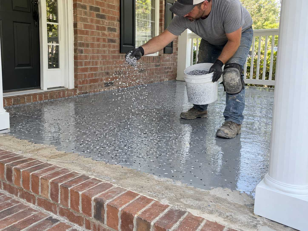 Installer broadcasting flakes on an epoxy porch floor in Forked River, NJ